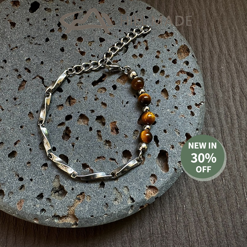 Original Design Mobius สีเหลือง Tiger Eye Stone Splicing สร้อยข้อมือเหล็กไทเทเนียมสําหรับชาย/ส่วนบุค