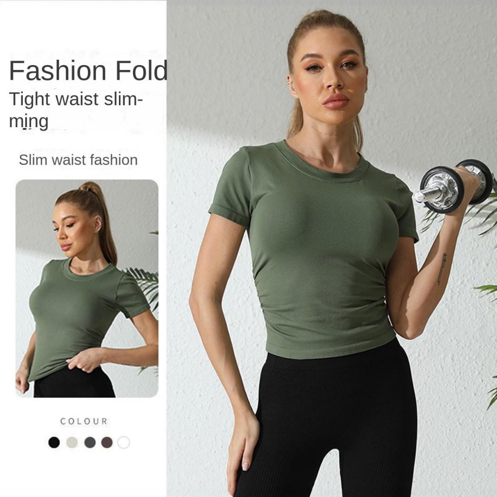 Topsports เสื้อยืดแขนสั้นกีฬา Quick-Drying ย่น Slim-Fit เสื้อรอบคอฟิตเนส