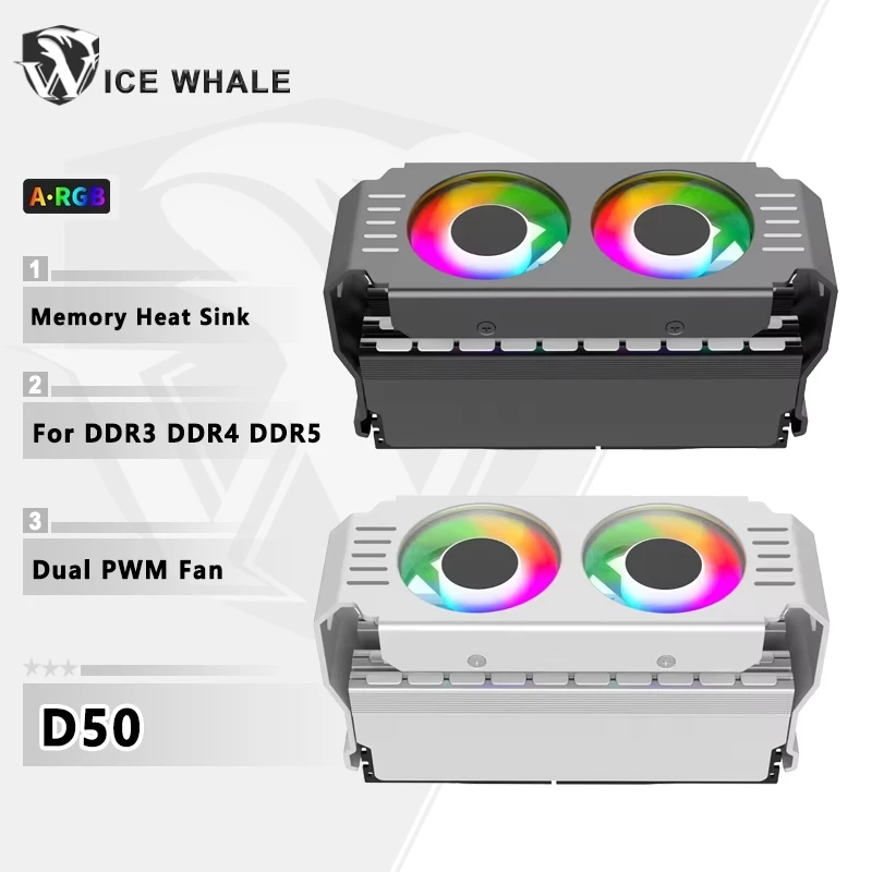 Ice Whale D50 RAM ฮีทซิงค์ Dual 5020 พัดลม ARGB Light Synchronous Memory Cooler โมดูลหม้อน้ําระบายความร้อน DDR3 DDR4 DDR5