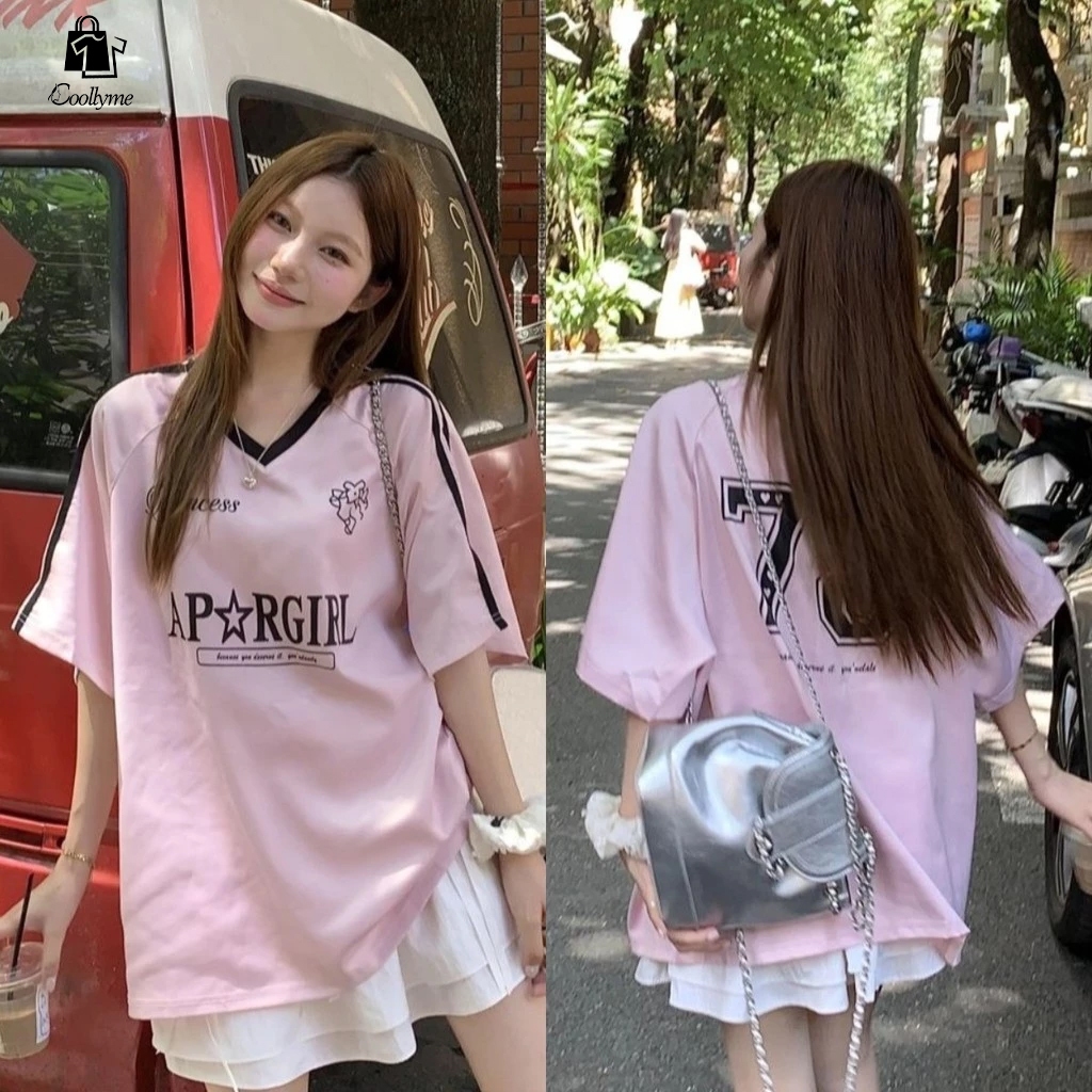 สีชมพูย์เสื้อยืดสาวเสื้อยืดคอวี โอ เวอร์ไซส์ เสื้อผู้หญิงแขนสั้นฤดูร้อนสบายๆพิมพ์แบรนด์อินเทรนด์แฟชั่น สตรีทแวร์ ท็อปส์