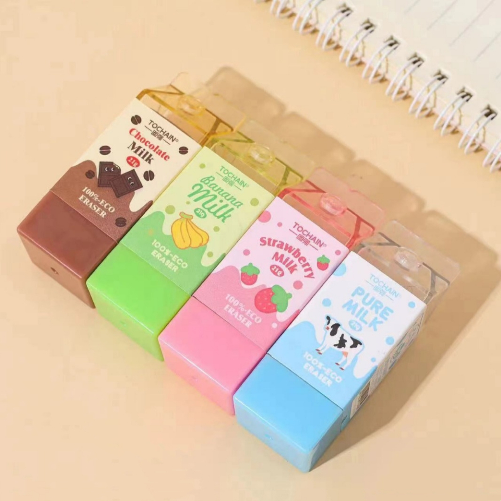 Penlab 4pcs นมยางลบชุดการ์ตูน Mini Banana ช็อกโกแลต Less ฝุ่น Eco PVC เครื่องมือทําความสะอาดสําหรับด