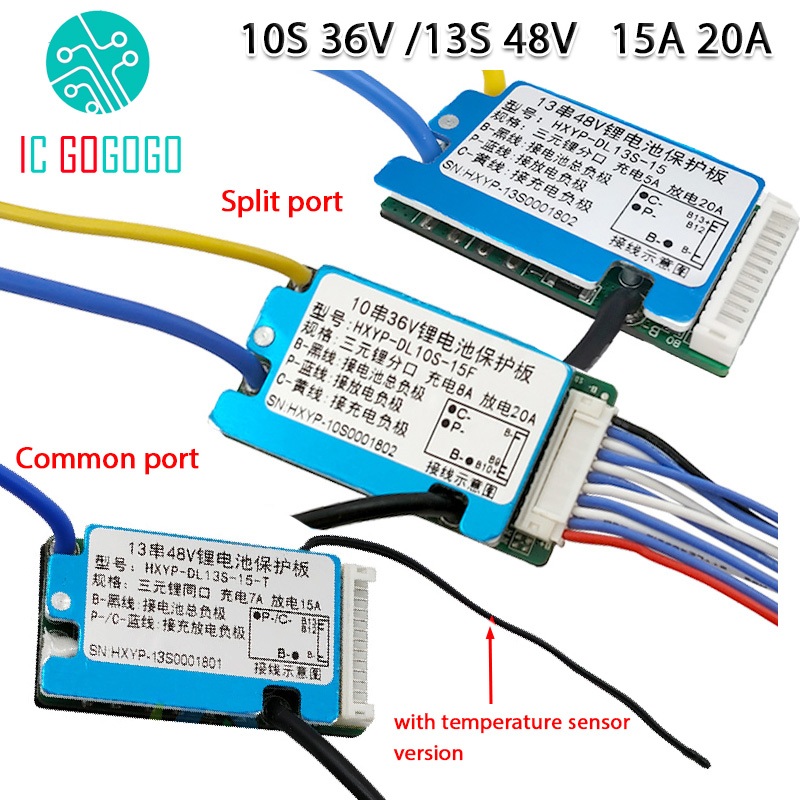 10s 36V 13S 48V 15A 20A Li-ion แบตเตอรี่ลิเธียมไอออนป้องกันทั่วไปแยกพอร์ต BMS อุณหภูมิเซนเซอร์ความร้อนแยกพอร์ต Pack 18650 แผงวงจรป้องกันแบตเตอรี่