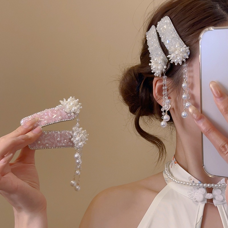 ชุดเพชรเกาหลี Pearl Flower fringe BB clip Niche Premium แยกผมด้านข้างขอบคลิป Everyday commuter เครื่องประดับผม