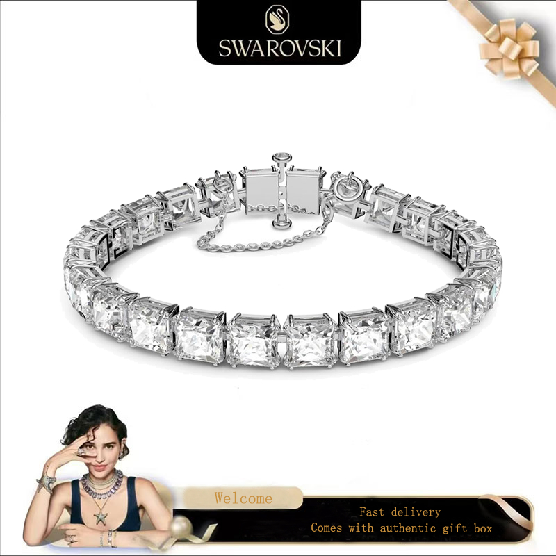 Swarovski (ใหม่) สร้อยข้อมือสุภาพสตรีแฟชั่น สร้อยข้อมือ S925 เงินสเตอร์ลิงสแควร์ตัดคริสตัลสีขาวอัญมณี Millenia สร้อยข้อมือของขวัญวันวาเลนไทน์ของขวัญวันเกิด