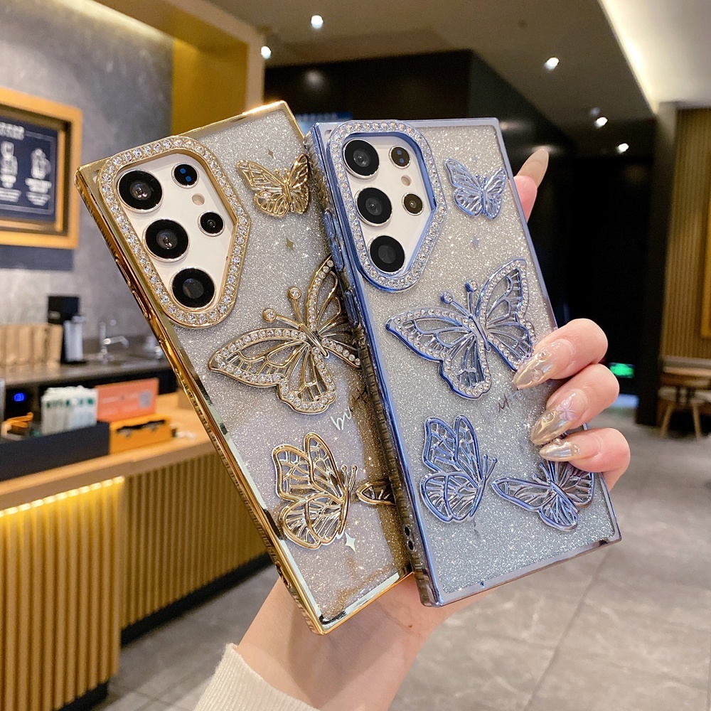 Glitter เพชรผีเสื้อเคสโทรศัพท์สําหรับ Samsung Galaxy S23 S24 FE S25 Ultra Edge A16 A26 S25 Plus ชุบ Bling Gradient สีกระดาษ