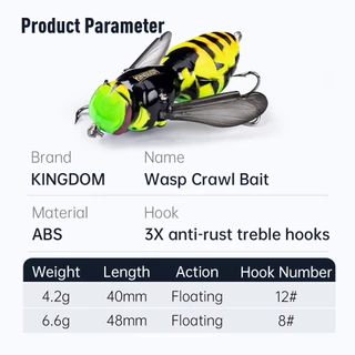 Kingdom Wasp Crawling เหยื่อ Bionic Fishing Lure 40 มม./4.2g 48 มม./6.6g ลอย Topwater ABS Lure Wobblers สําหรับ Bass Pike ปลาดุก Trolling
