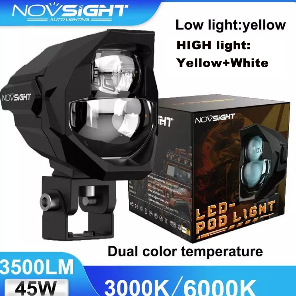 ไฟหน้า LED มอเตอร์ไซค์แบบออฟโรดทรงกลม Novsight 2 สี 3 นิ้ว ไฟ Pod 6000K 3000K 45W 3500LM