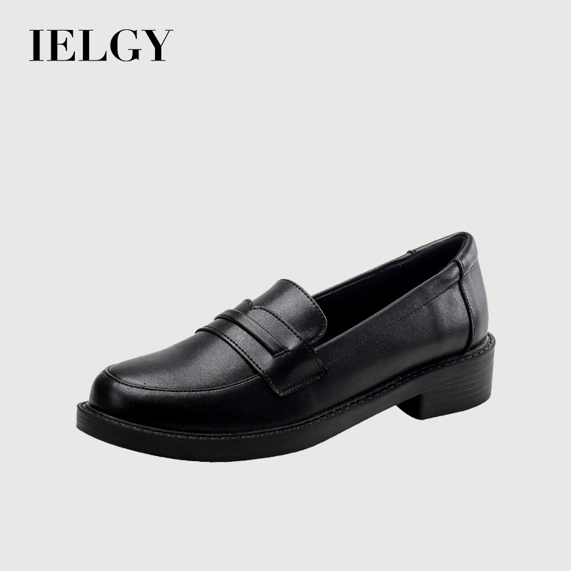 IELGY ส้นหนาสีดํารองเท้าหนังลําลองหญิงฤดูใบไม้ผลิและฤดูใบไม้ร่วงรองเท้าเดียวหญิง