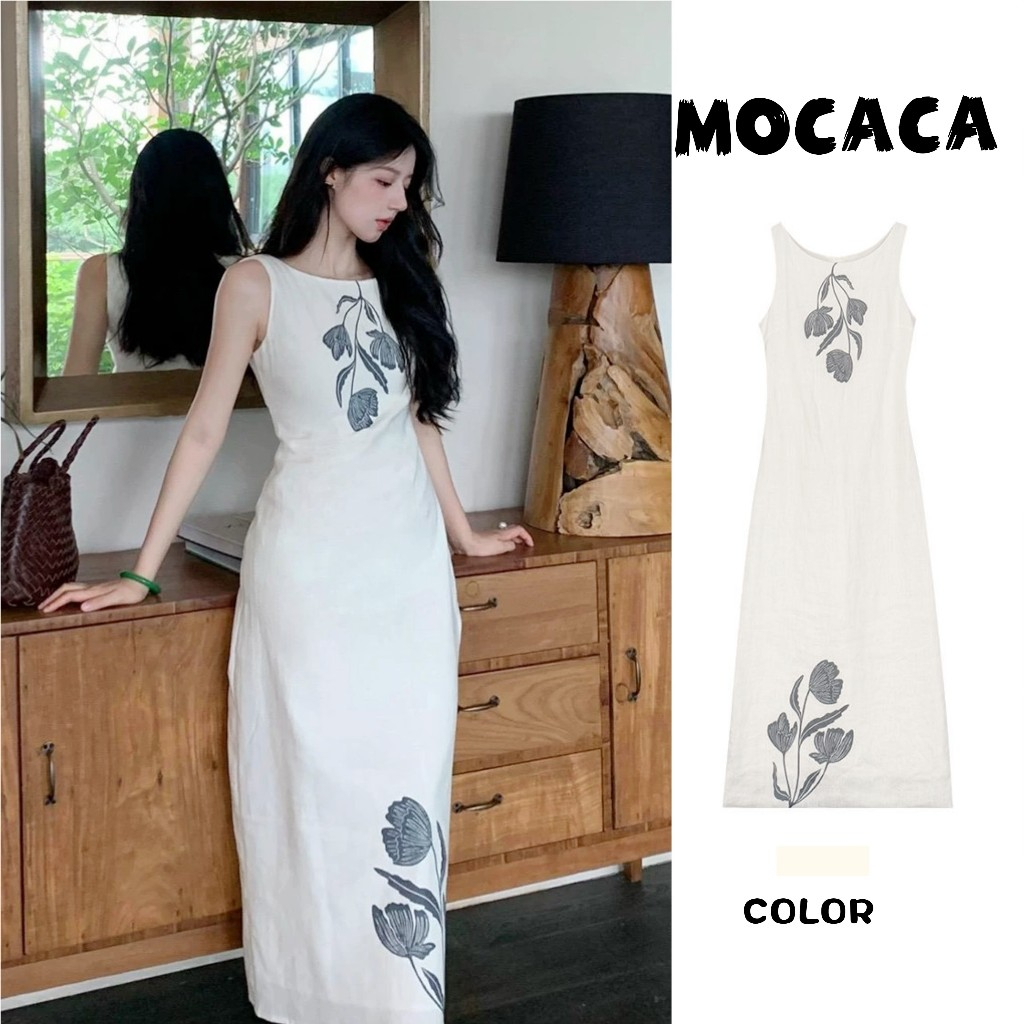 MOCACA💗เดรสผู้หญิ 💗พริ้ว เรียบหรู ดูดีดูแพง ชุดไปคาเฟ่ เดรสแฟชั่น🎀ชุดเดรสยาว เดรสคอกลม เดรสแขนกุด