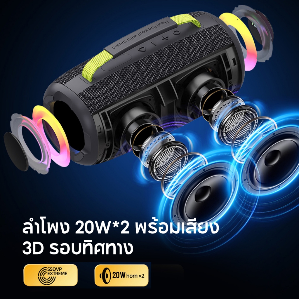 WIWU Thunder ลำโพงไร้สายพกพา Bluetooth H7, เบสที่ทรงพลัง, Bluetooth 5.3, กันน้ำ IPX6, ไฟ RGB, อายุการใช้งานยาวนาน
