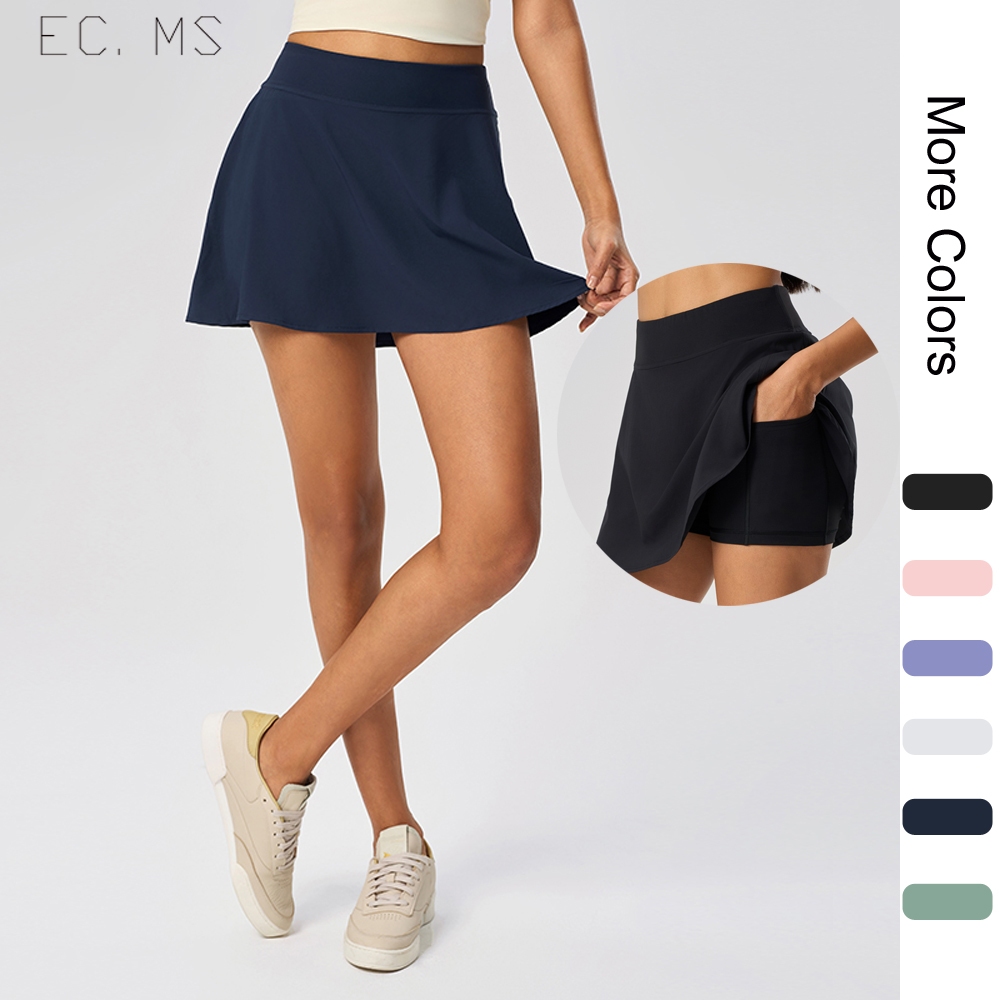 ผู้หญิงกีฬา Skort กางเกงขาสั้นป้องกันแสงสะท้อน 2in1 กระเป๋าสาย Cool แห้งเร็วทุกวันกอล์ฟเทนนิสแบดมินตันวิ่ง Pantskirt