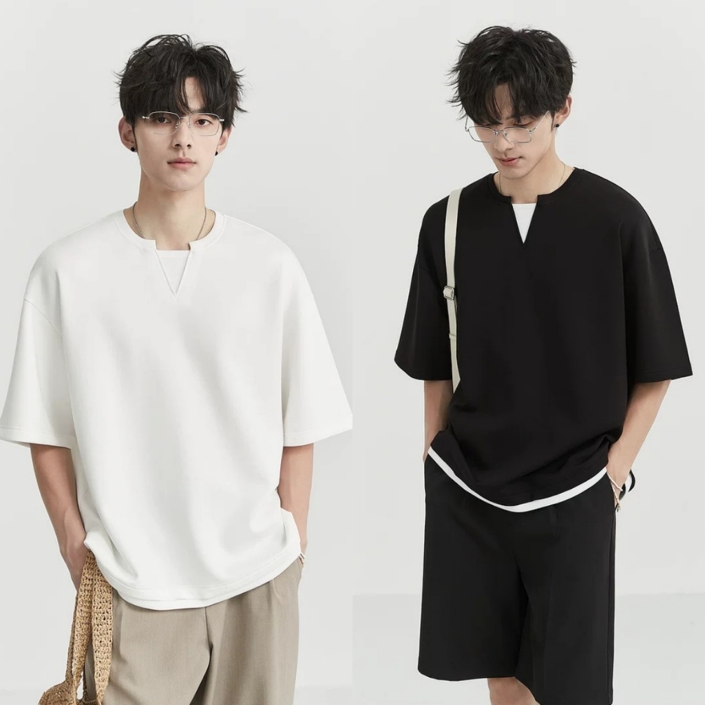 ProMan-เสื้อยืดวินเทจสไตล์ญี่ปุ่น  คอวีแขนสั้นผู้ชาย  การออกแบบสองชิ้นปลอม ลำลอง  แบบหลวม