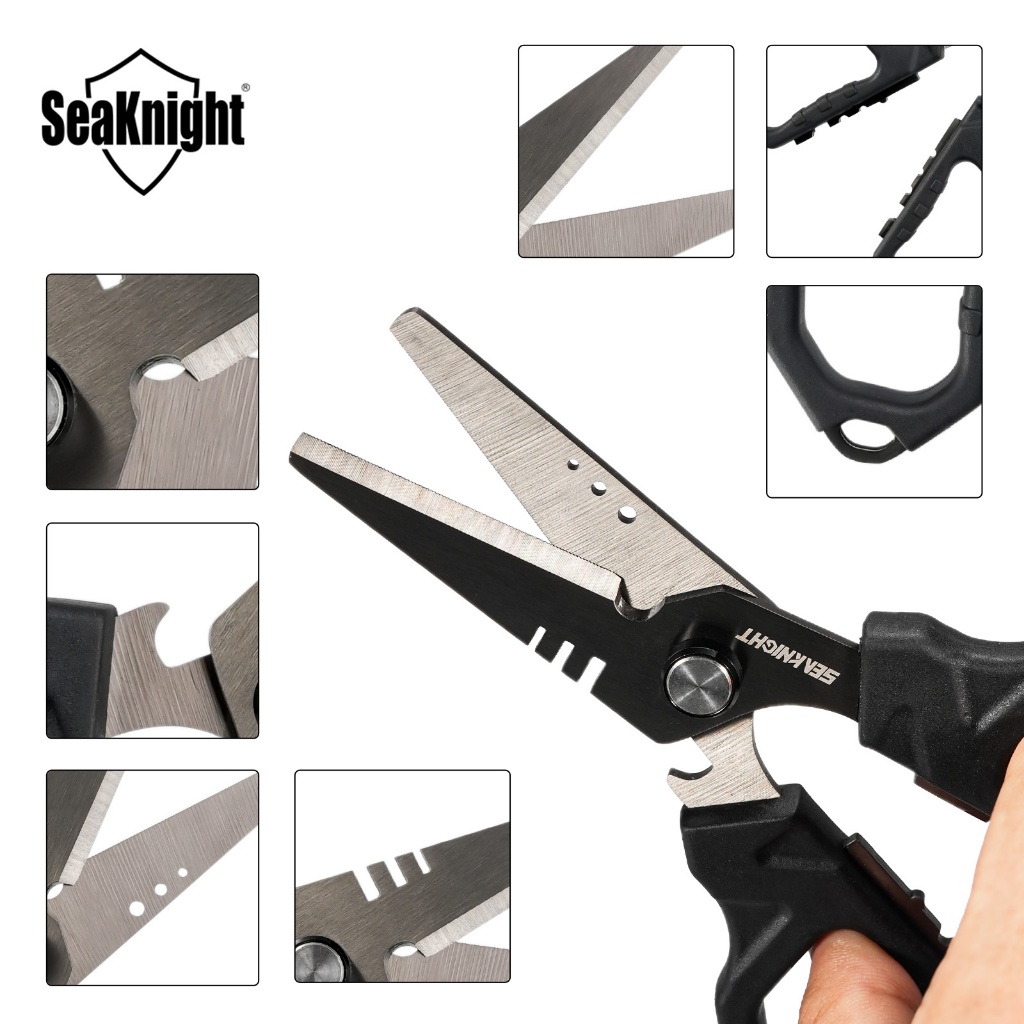 SEAKNIGHT อัศวินทะเล กรรไกรตกปลาใบมีดหยักคู่ 6.4", กรรไกรสายถักตกปลาพร้อมเคลือบไทเทเนียม, ด้ามจับกันลื่นและเครื่องมือมัลติฟังก์ชั่น, รวมฝักล็อครูปแข็