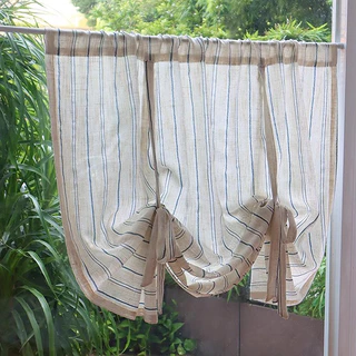 Retro ผ้าลินินธรรมชาติผสม Sheer Tie Up บอลลูนผ้าม่านสีฟ้ารูปแบบแนวตั้งชั้นยกโรมัน Blind Farmhouse Deisgn Boho ผ้าม่านสําหรับหน้าต่างขนาดเล็ก Cafe Rod กระเป๋า
