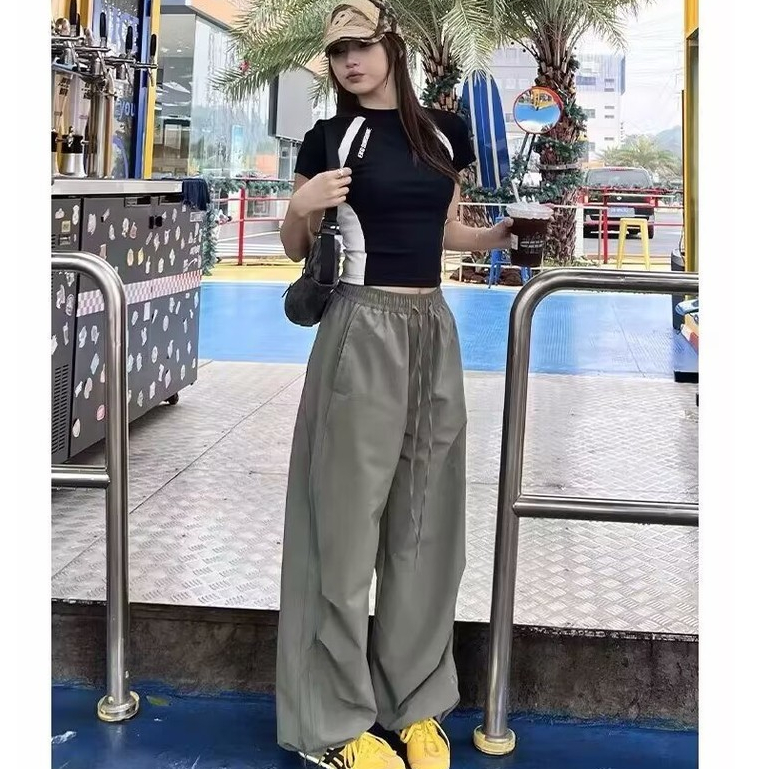 ใหม่ คุณภาพสูง กางเกงขายาว หลวม ขากว้าง เอวยางยืด วินเทจ สไตล์อเมริกัน แฟชั่น high street
