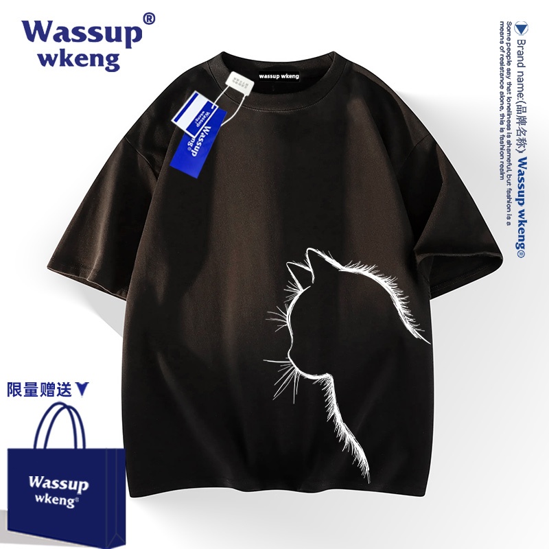 NASA เสื้อยืดแขนสั้นสไตล์อเมริกัน เนื้อผ้าฝ้าย 100% สำหรับผู้ชายและผู้หญิง ดีไซน์แมวลายเส้น