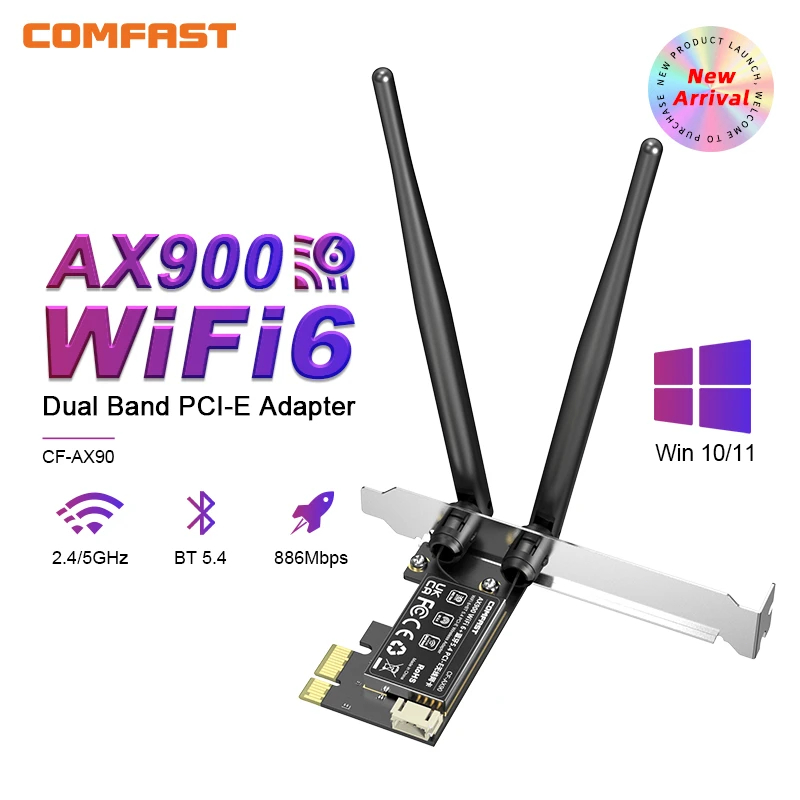 Comfast 900Mbps PCIe WIFI 6 การ์ดอะแดปเตอร์ Wifi ไร้สาย Desktop 2.4G/5G/6Ghz 11AX Bluetooth 5.4 PCI-E X1/X4/X16 For Win 10/11 CF-AX90