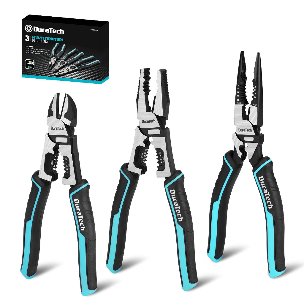 Duratech 3PCS คีมชุด,ขนาดใหญ่ 6 in 1 Multifunctional Wire Stripper เครื่องตัด, 8.5" คีมจมูกยาว, 8.5" คีม Linesman, 8 "คีมตัดด้านข้างแนวทแยง