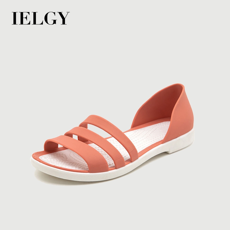 IELGY รองเท้าแตะผู้หญิงกันลื่น เจลลี่สีครอบคลุมส้นปากปลาสบายนุ่มแต่เพียงผู้เดียวรองเท้าชายหาดพื้นแบนหลายสีเสริมเปิดนิ้วเท้า