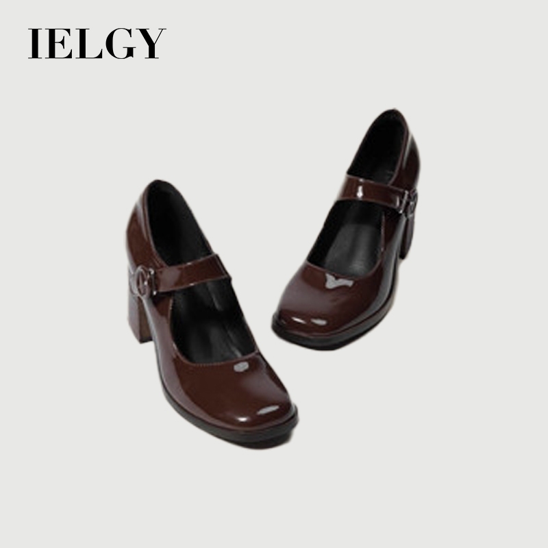 IELGY 2025 รองเท้าส้นสูงใหม่แมรี่เจนรองเท้าผู้หญิง ปู่ ย้อนยุคสีดําตรงหัวเข็มขัดบล็อกส้นสแควร์ นิ้วเท้า