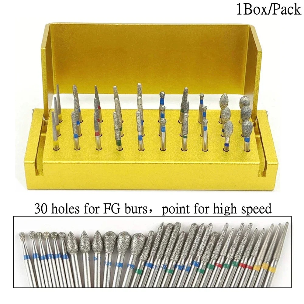 30 ชิ้น/เซ็ตอลูมิเนียมทันตกรรม Burs ชุดผู้ถือทันตกรรมเพชร Burs สําหรับ Handpiece ความเร็วสูง Turbine Burs กล่องฆ่าเชื้อ