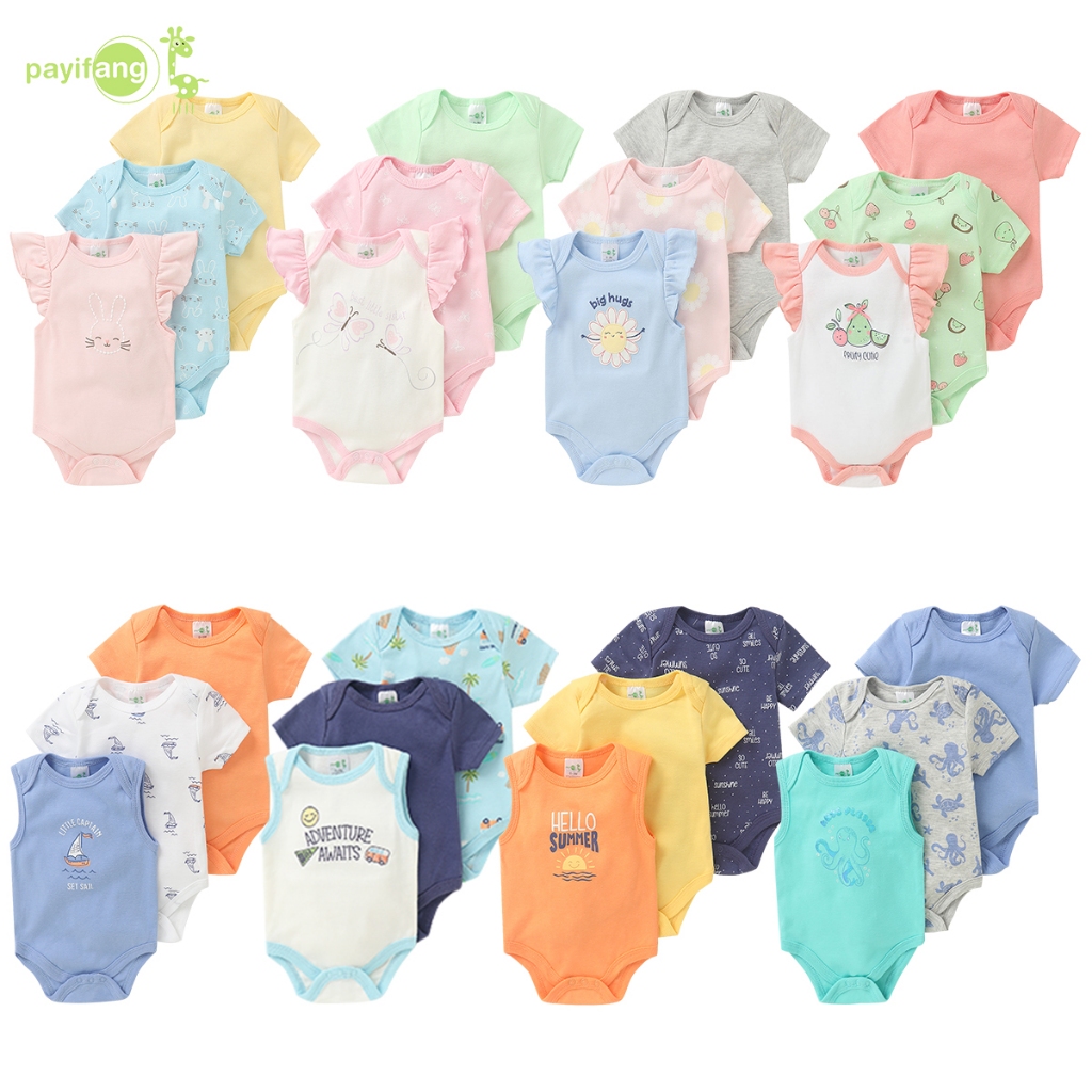PAYI BABY-3 ชิ้น ฤดูร้อนแขนสั้น เสื้อผ้าเด็ก เด็กทารกผ้าฝ้าย 100% ชุดบอดี้สูทเสื้อผ้าทารกแรกเกิด
