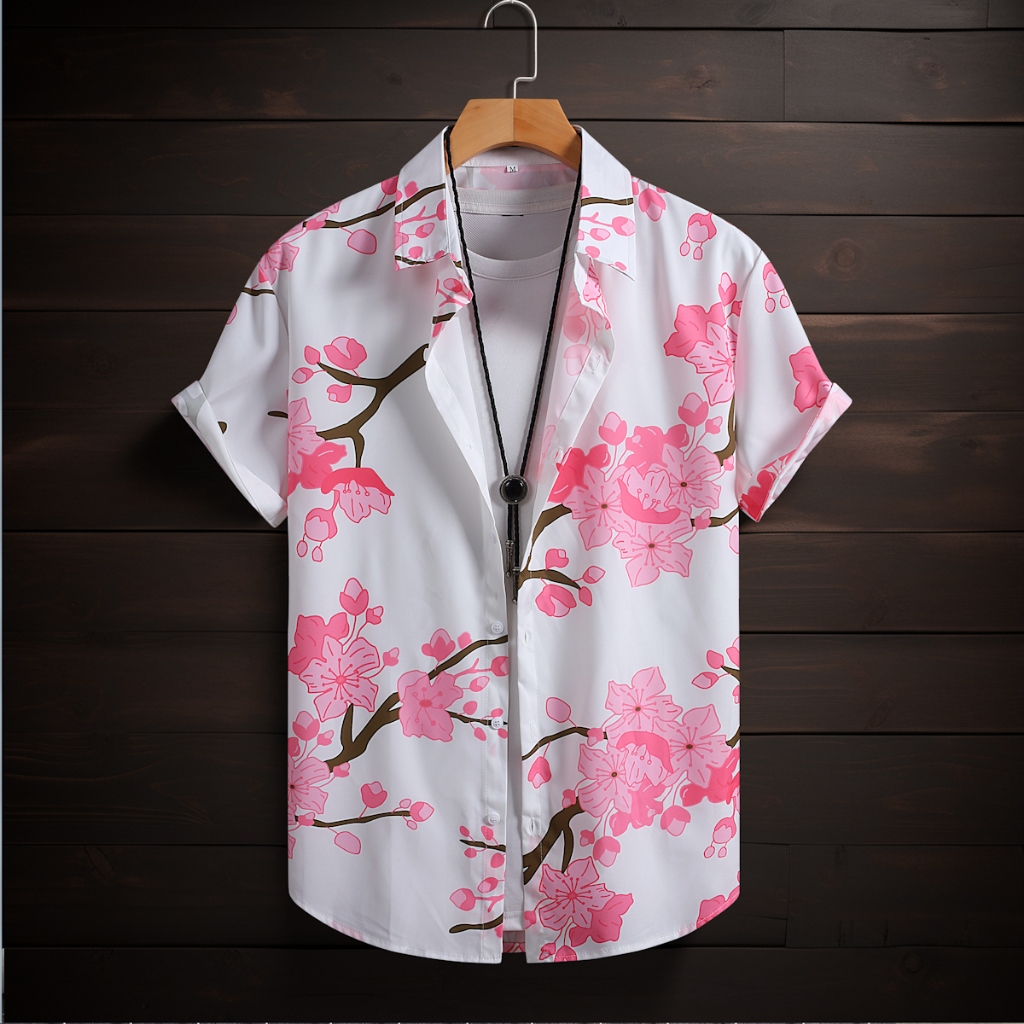 ฤดูร้อนเสื้อเชิ้ตผู้ชายแขนสั้นสีชมพูดอกพลัมเสื้อลําลองสําหรับผู้ชายเสื้อเสื้อผ้าใหม่