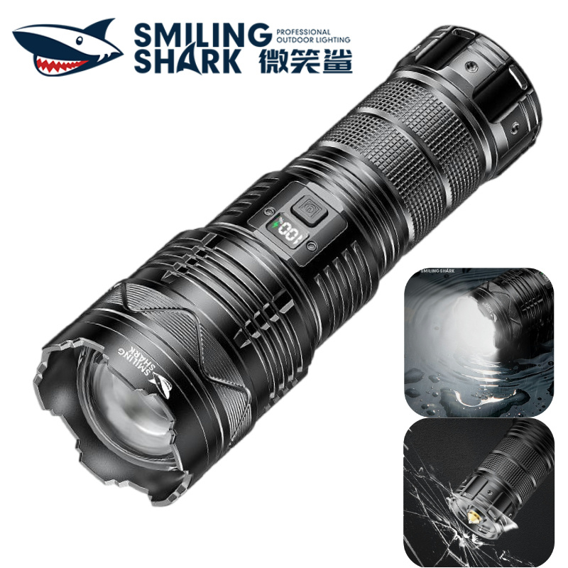 【13000LM】SMILING SHARK  SD5990 ไฟฉาย แรงสูง M77 สว่างมาก Flashlight 5 โหมด ชาร์จ USB กันน้ํา ซูมได้ สําหรับตั้งแคมป์ ล่าสัตว์ กลางแจ้ง