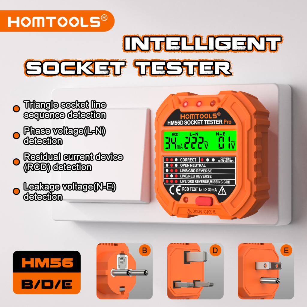 Homtools HM56B HT107 Outlet Tester พร้อมแรงดันไฟฟ้า 90-250V เครื่องทดสอบซ็อกเก็ตวงจรไฟฟ้าอัตโนมัติ Polarity เครื่องตรวจจับแรงดันไฟฟ้า Breaker Finder
