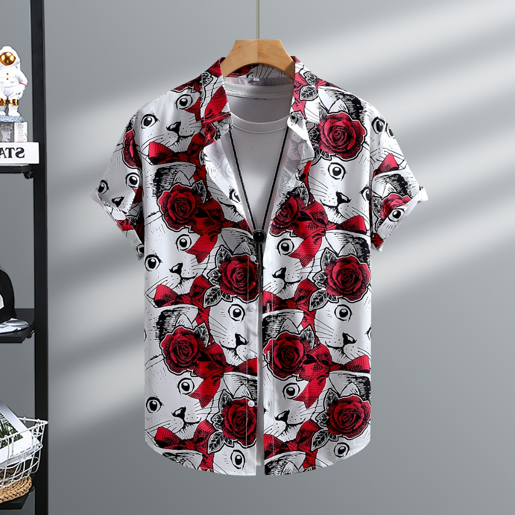 ฤดูร้อนชายแขนสั้นสีแดง Rose White Cat เสื้อลําลองสําหรับชายเสื้อผ้าใหม่