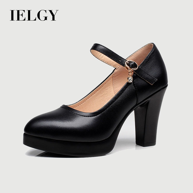 IELGY รองเท้าส้นสูงที่สะดวกสบายในสีดําตรง-หัวเข็มขัดหนังนุ่มผู้หญิงบล็อกส้นแพลตฟอร์มรองเท้า