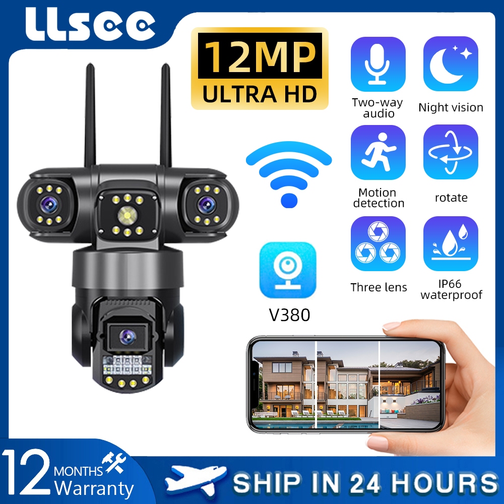 LLSEE V380 6K 12MP 3 เลนส์ 3 หน้าจอ WIFI ไร้สายกลางแจ้งกล้องวงจรปิดกันน้ำ 360 กล้อง IP Security Monitor การติดตามสัญญาณเตือนภัยการมองเห็นกลางคืนที่มีสีสันสองทางโทร
