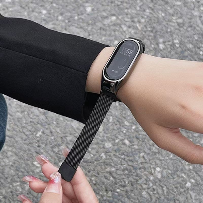 Xiaomi เสี่ยวหมี่ ไมล์ วงดนตรี 9 สาย ไมล์ วงดนตรี Mi Band 3 / 4 / 5 / 6 / 7 / 8 สายสแตนเลสสตีลโลหะสายรัดข้อมือเปลี่ยนแม่เหล็ก