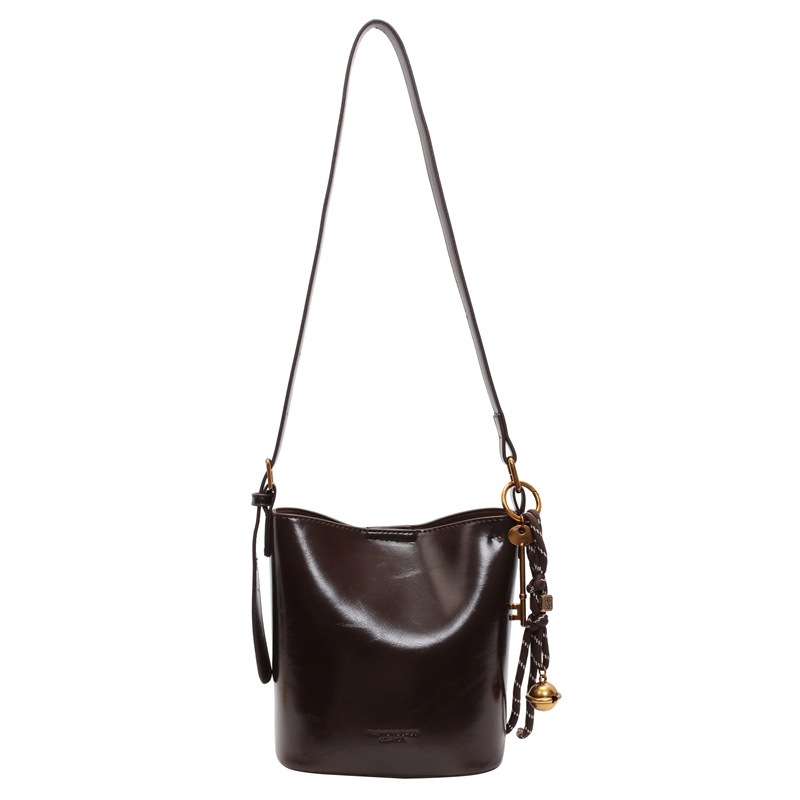 Waxed Leather Bucket Bag for Women Commute Vintage Shoulder Crossbody Bag