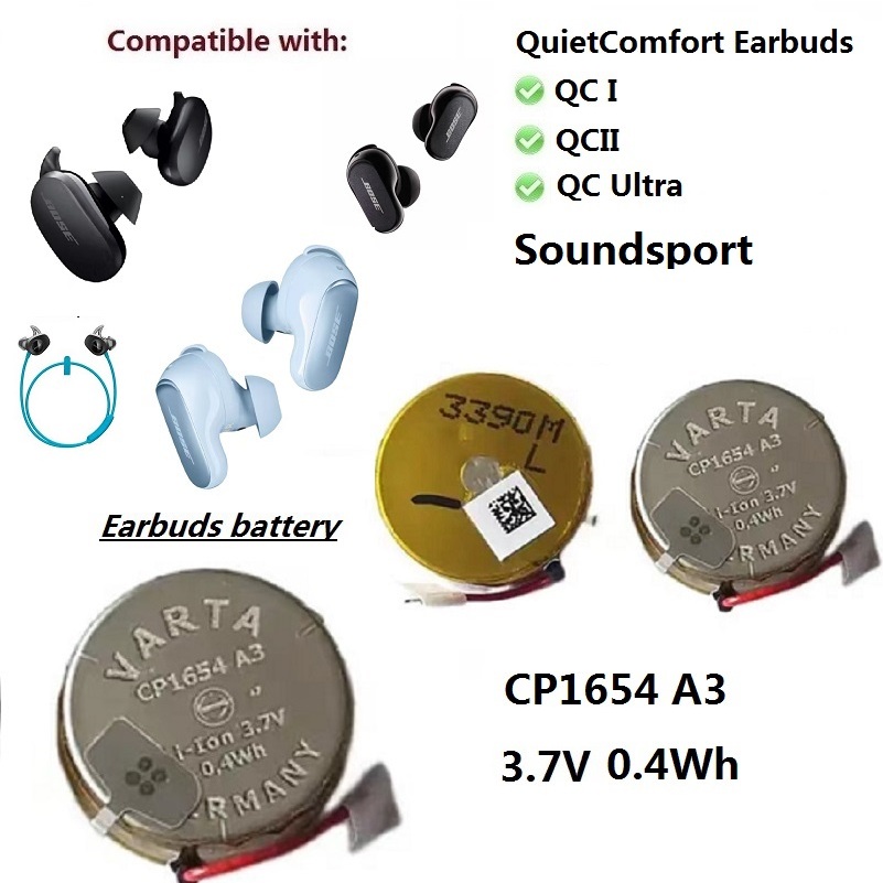 แบตเตอรี่เดิมสําหรับ Bose Soundsport/QuietComfort หูฟัง QC1 QC2 QC Ultra หูฟังชนิดใส่ในหูเปลี่ยนหูฟัง Varta CP1654 A3