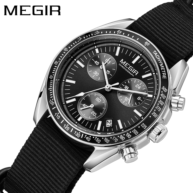 MEGIR อาจ ใหม่หรูหรานาฬิกาผู้ชายผ้าใบทอผ้าสายรัดกีฬาอัตโนมัติโครโนกราฟควอตซ์นาฬิกาข้อมือกันน้ําสําหรับชาย 2247