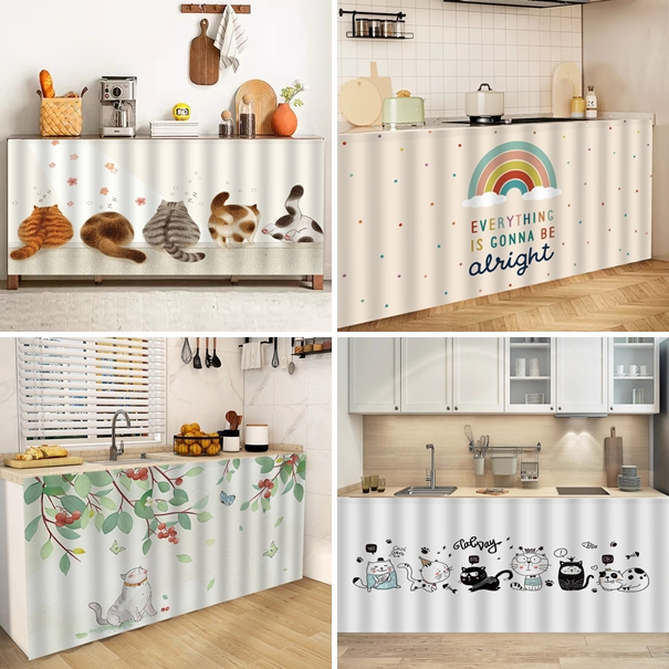 แนะนำ ผ้าม่าน 1เซ็ตการ์ตูนแมวตู้ผ้าม่านรอบกาวในตัวพรมห้องครัวอุปกรณ์ตกแต่งบ้าน ราคาพิเศษ มีเก็บเงินปลายทาง