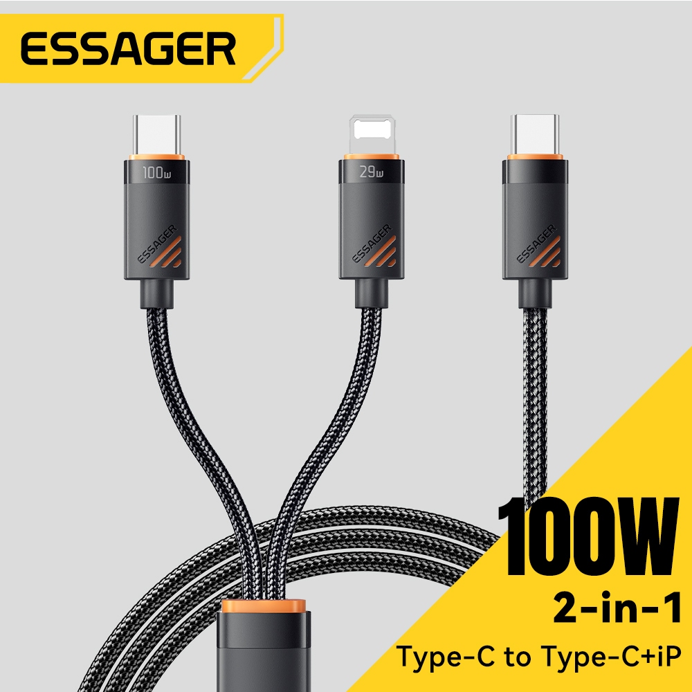 อินเทอร์เฟซ Essager USB-C ถึง Type-C + Ip Port สายเคเบิลข้อมูลชาร์จเร็ว 2 in 1 วัสดุอัพเกรด