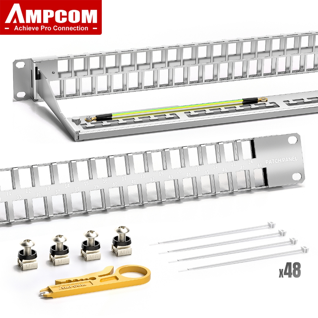 Ampcom เปล่า Keystone Patch แผง 1U 48-พอร์ต, STP UTP Rack Mount พร้อมสายเคเบิลด้านหลัง Management Ba
