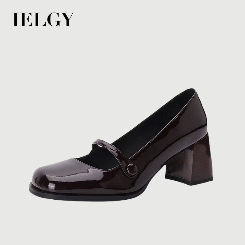 IELGY ฝรั่งเศสแมรี่เจนรองเท้าผู้หญิง เจเค บล็อกส้นตรงหัวเข็มขัดสายรัดวินเทจอเนกประสงค์