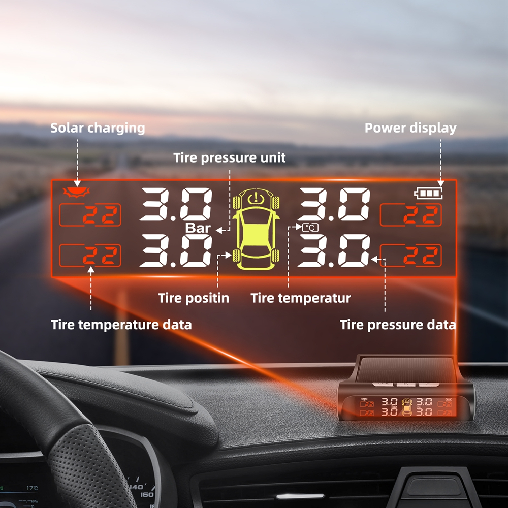 เครื่องวัดความดันลมยางไร้สาย TPMS พลังงานแสงอาทิตย์แรงดันลมยางรถเตือนอุณหภูมิเตือนด้วยจอแสดงผล LCD 4 เซ็นเซอร์ภายนอก, เกจวัดแรงดันลมยาง, แรงดันลมยาง, ล้อรถ ราคา ถูกที่สุด ดีลบีเคเค แกลเลอรีภาพที่ 6