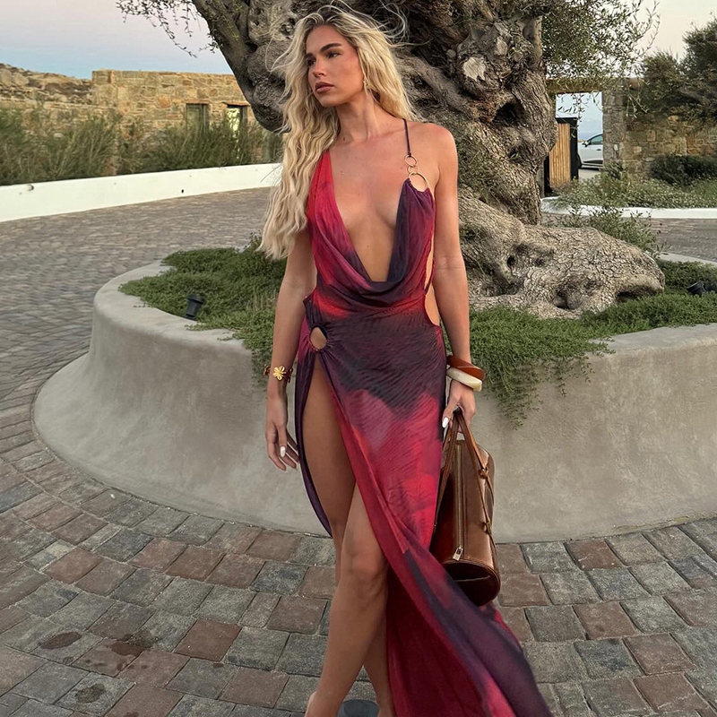 แปลก Puss Backless Deep V ชุดพิมพ์สลิงปิดไหล่ Patchwork Hip-Covering ด้านข้าง Slit แฟชั่นลําลองเซ็กซี่สไตล์อเมริกัน