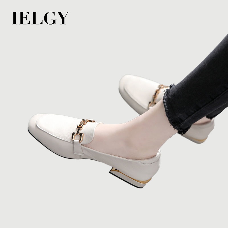 IELGY หนังนุ่มรองเท้าไม่มีส้นผู้หญิงลื่นบนส้นบล็อกแบนรองเท้าหนังอังกฤษ