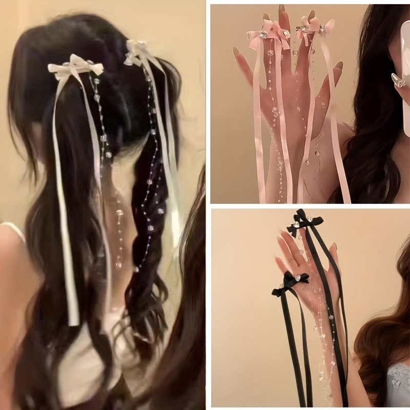 กิ๊บติดผมโบว์สตรีมเมอร์ยาว ผู้หญิงเกาหลีอเนกประสงค์ คลิปปากเป็ดหวาน อุปกรณ์ผมอารมณ์ที่เรียบง่าย
