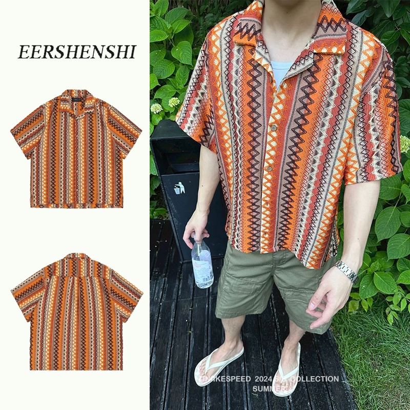 Eershenshie แบรนด์แฟชั่นอเมริกันทอเสื้อเชิ้ตแขนสั้นคอคิวบาผู้ชายฤดูร้อนเสื้อเชิ้ตหลวมวันหยุดใหม่