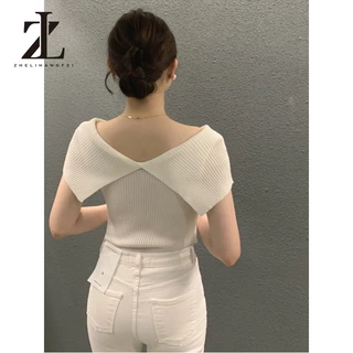 ZHELIHANGFEI เสื้อถักแขนสั้นคอปกสไตล์เกาหลี สีพื้น ผ้ายืดหยุ่น เข้ารูปสำหรับผู้หญิง