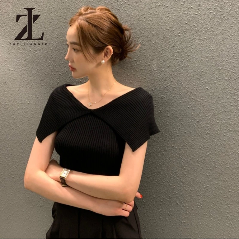 ZHELIHANGFEI เสื้อถักแขนสั้นคอปกสไตล์เกาหลี สีพื้น ผ้ายืดหยุ่น เข้ารูปสำหรับผู้หญิง
