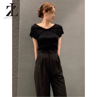 ZHELIHANGFEI เสื้อถักแขนสั้นคอปกสไตล์เกาหลี สีพื้น ผ้ายืดหยุ่น เข้ารูปสำหรับผู้หญิง