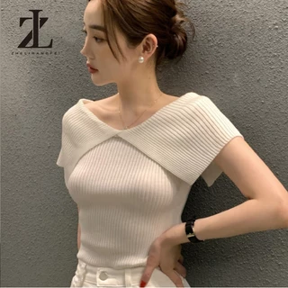 ZHELIHANGFEI เสื้อถักแขนสั้นคอปกสไตล์เกาหลี สีพื้น ผ้ายืดหยุ่น เข้ารูปสำหรับผู้หญิง