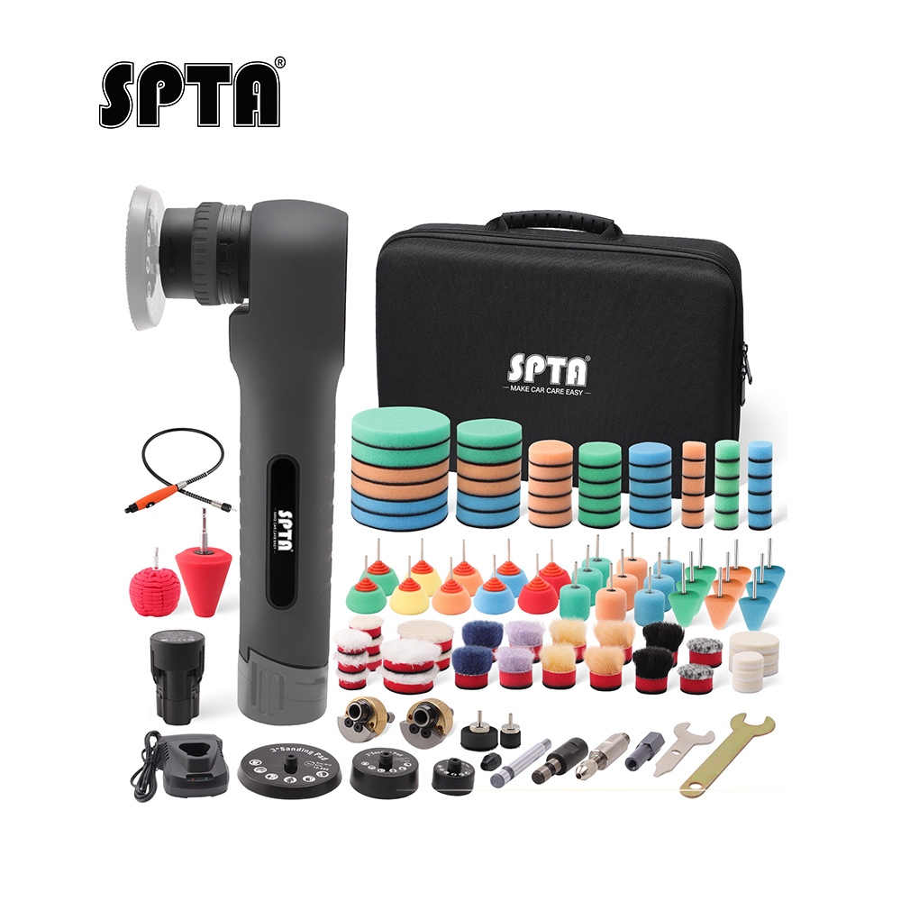 Spta เครื่องขัดสีรถยนต์ไร้สาย 12V ขนาดเล็ก พร้อมเพลายืดหยุ่น 8 มม. 12 มม. DA&RO แบตเตอรี่ 2.0Ah 2 ชิ้น